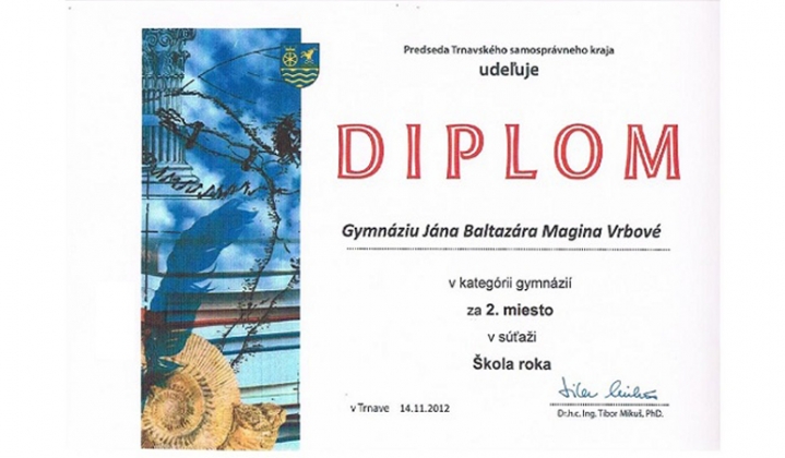 Udelenie diplomu Gymnáziu J. B. Magina Vrbové